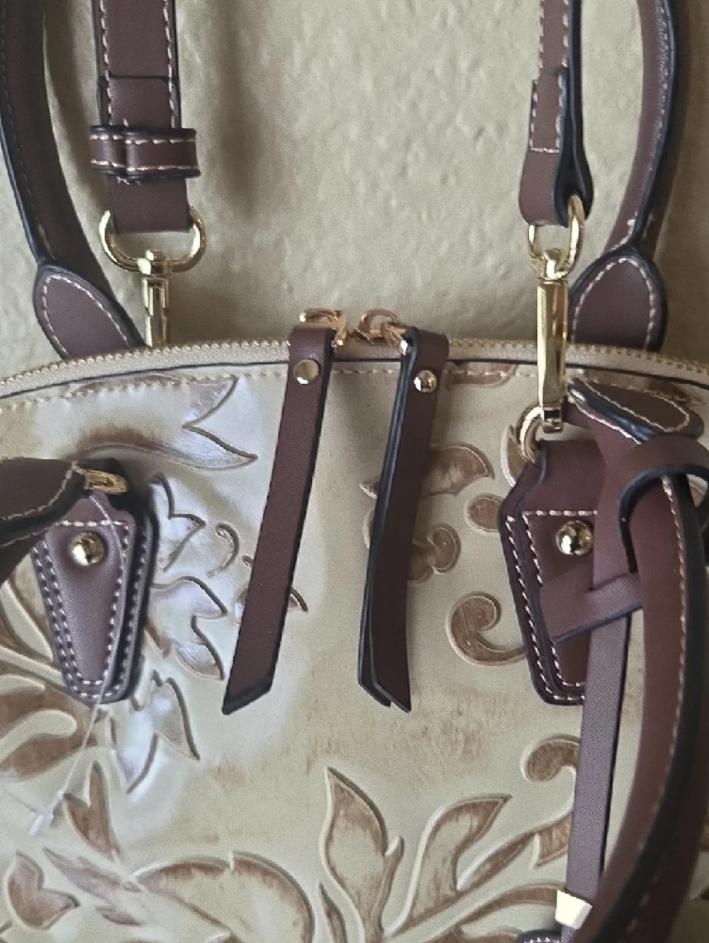 M.C Handbags Embossed Leather Satchel in Beige and Brown.